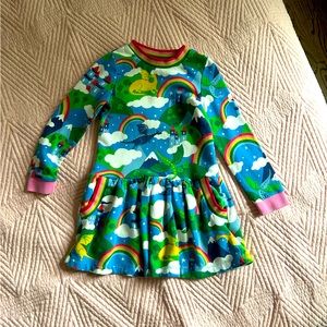 MiniBoden rainbow and dragons and castle sweatshirt dress 5-6yo